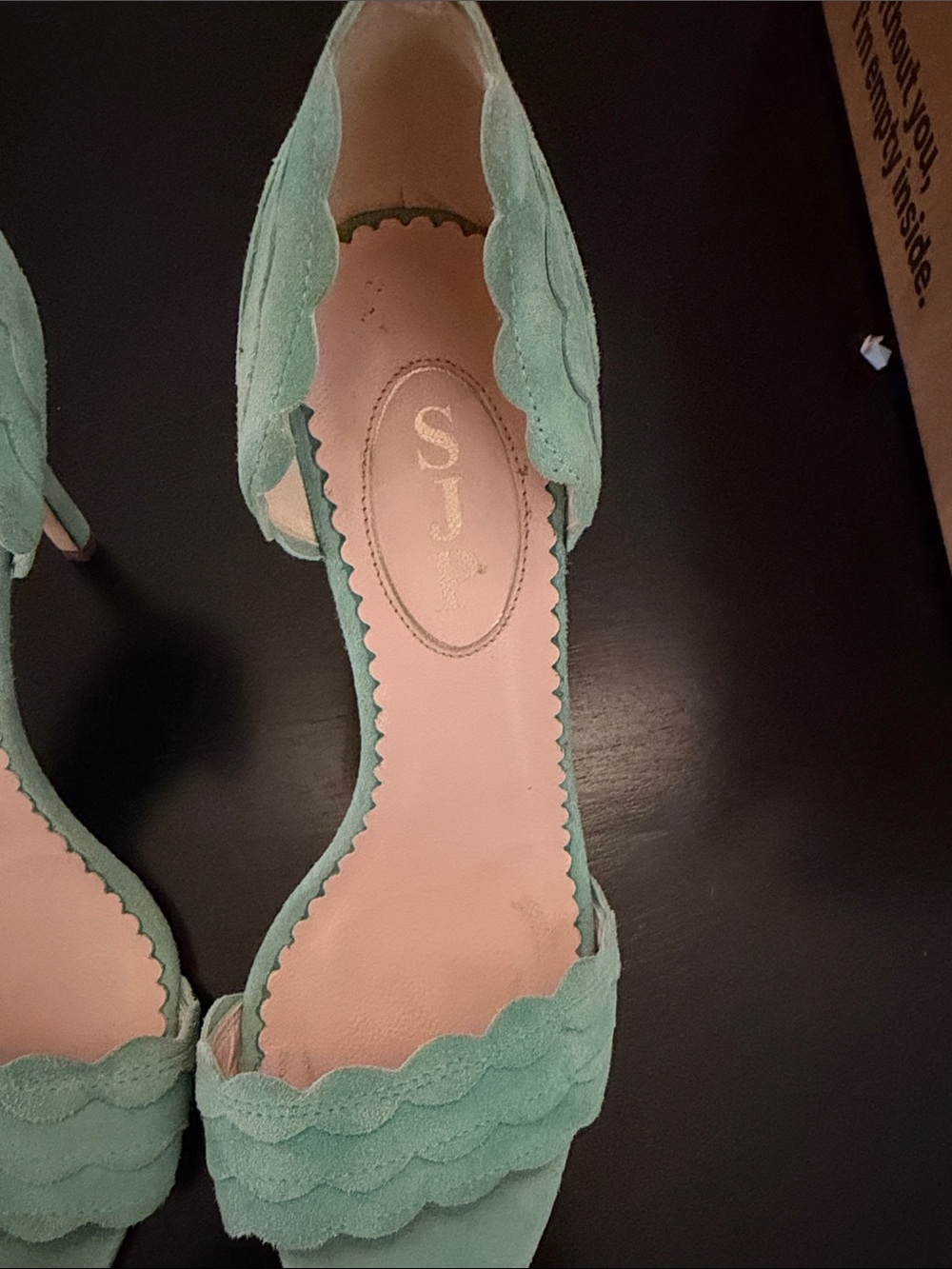 SJP D'Orsay Sandals Heels Bobbie Womens 37 Suede Seafoam Green Scalloped - Picture 3 of 4
